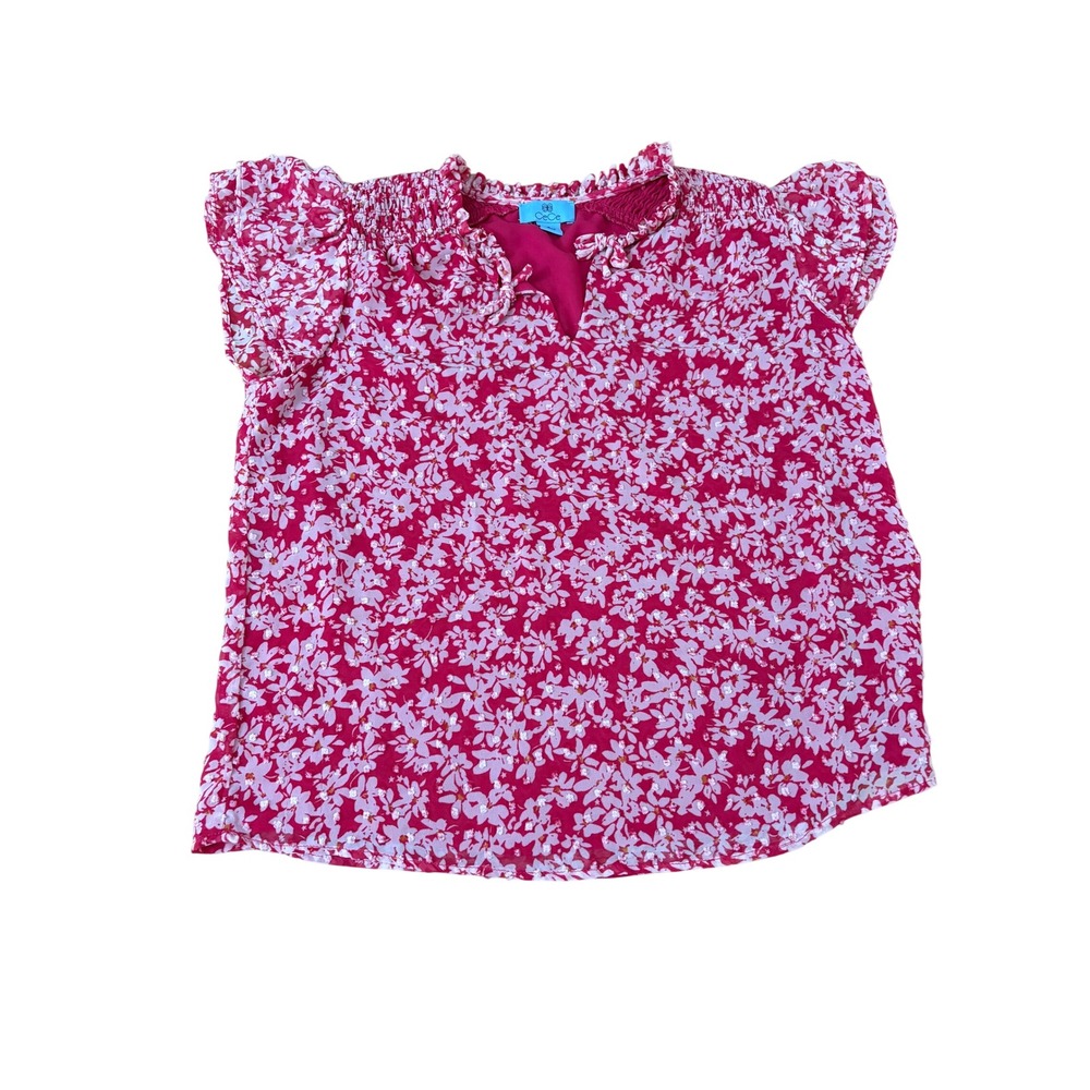 CeCe Pink Floral Flutter Sleeve Clip Dot Blouse Smocked Ruffle Neck Top Small